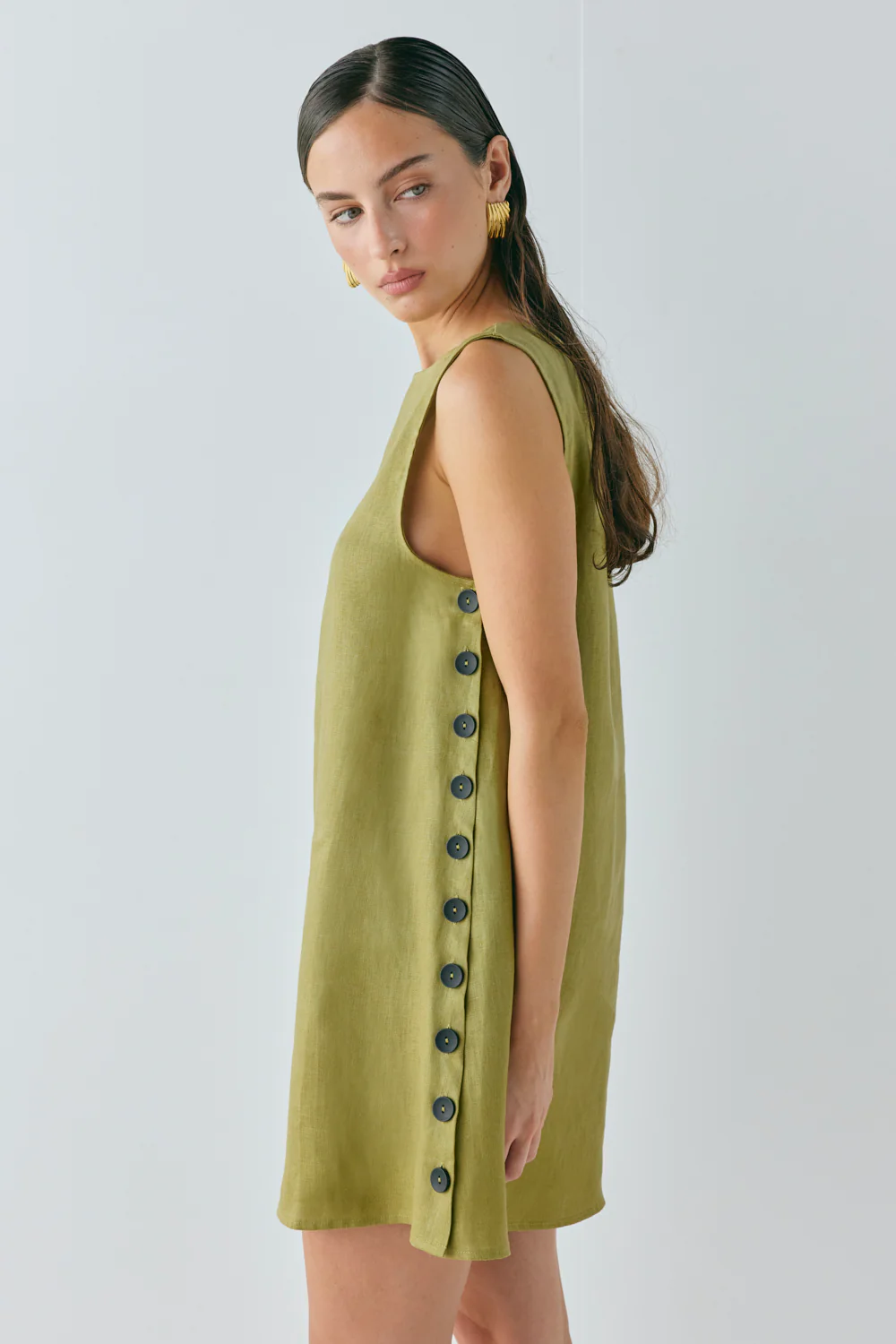 Annabelle Linen Mini Dress Olive - Image 3