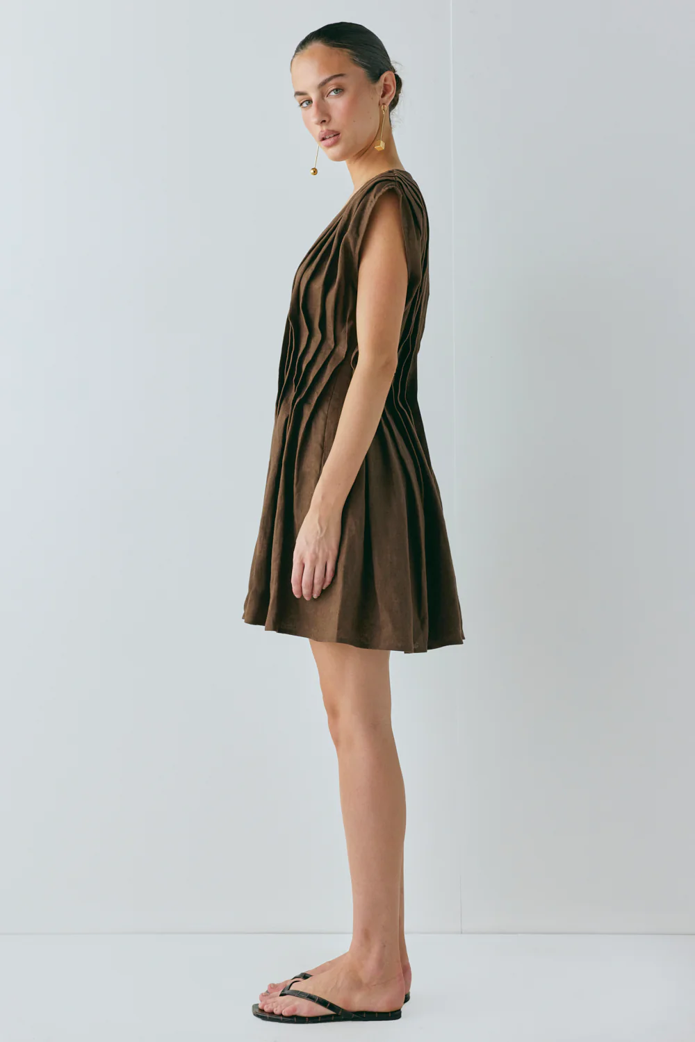 Blanca Linen Mini Dress Chocolate - Image 3
