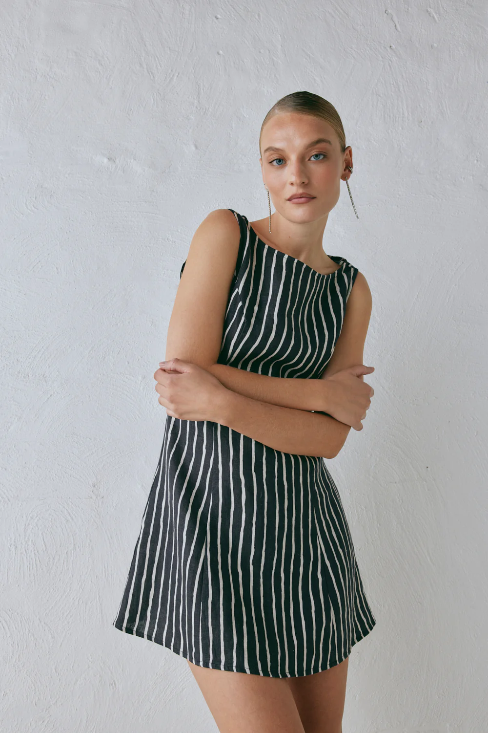 Chloe Linen Mini Dress Black Stripe - Image 4