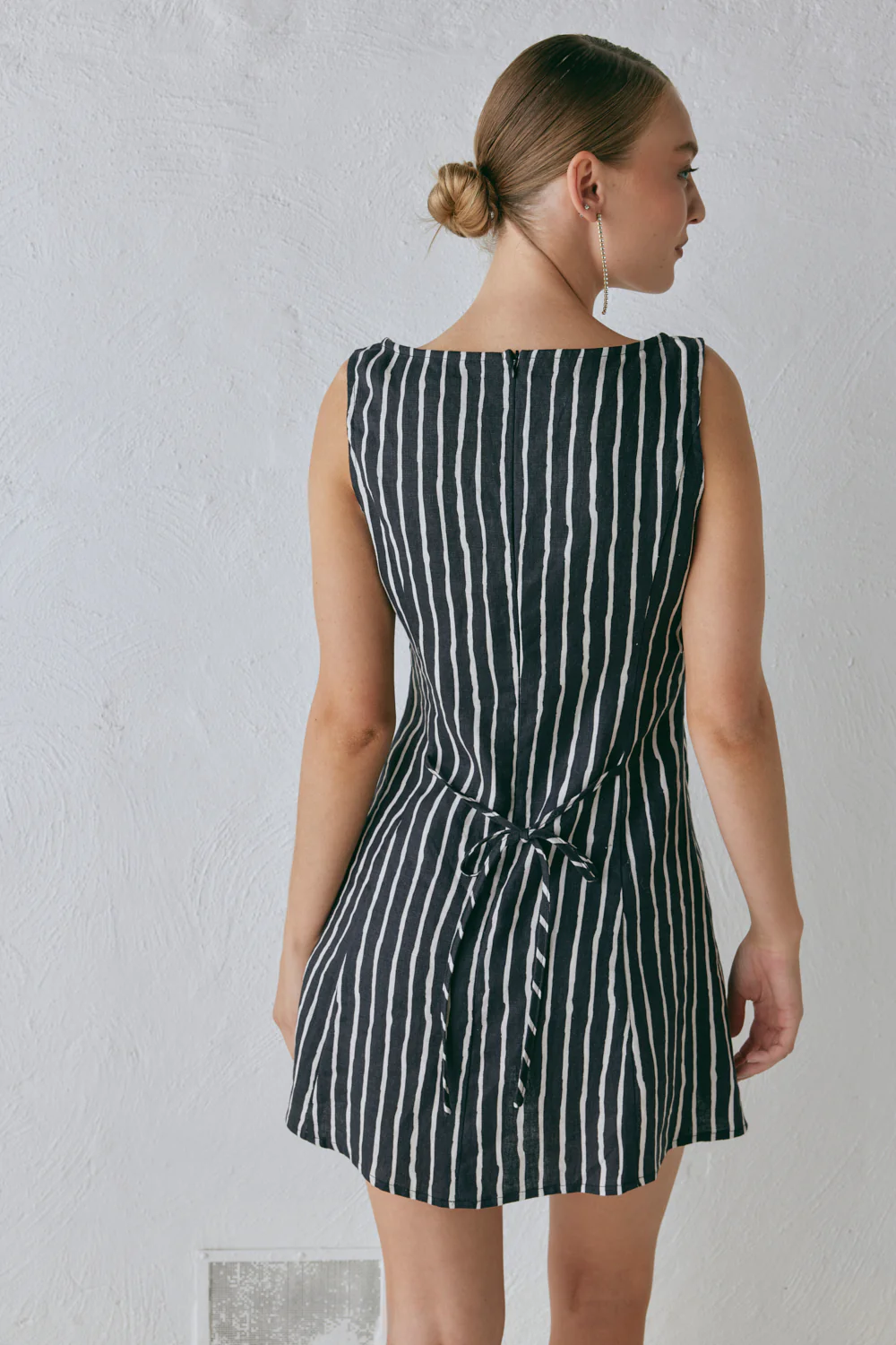 Chloe Linen Mini Dress Black Stripe - Image 6