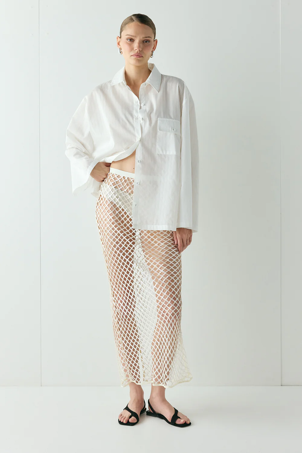 Devyn Sequin Net Midi Skirt Cream