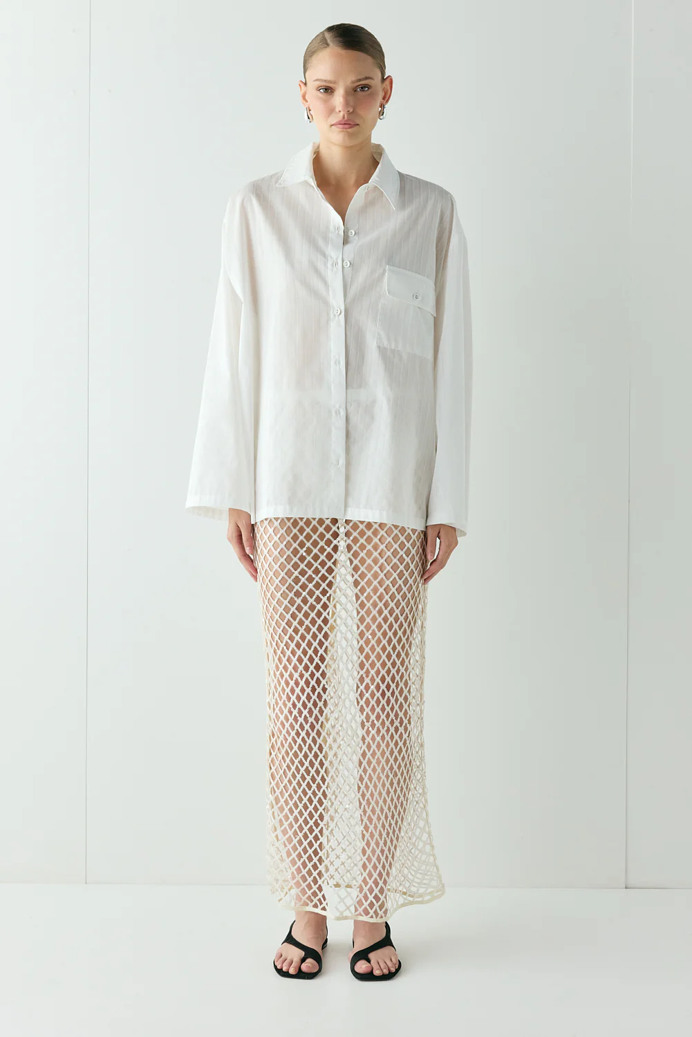Devyn Sequin Net Midi Skirt Cream - Image 5
