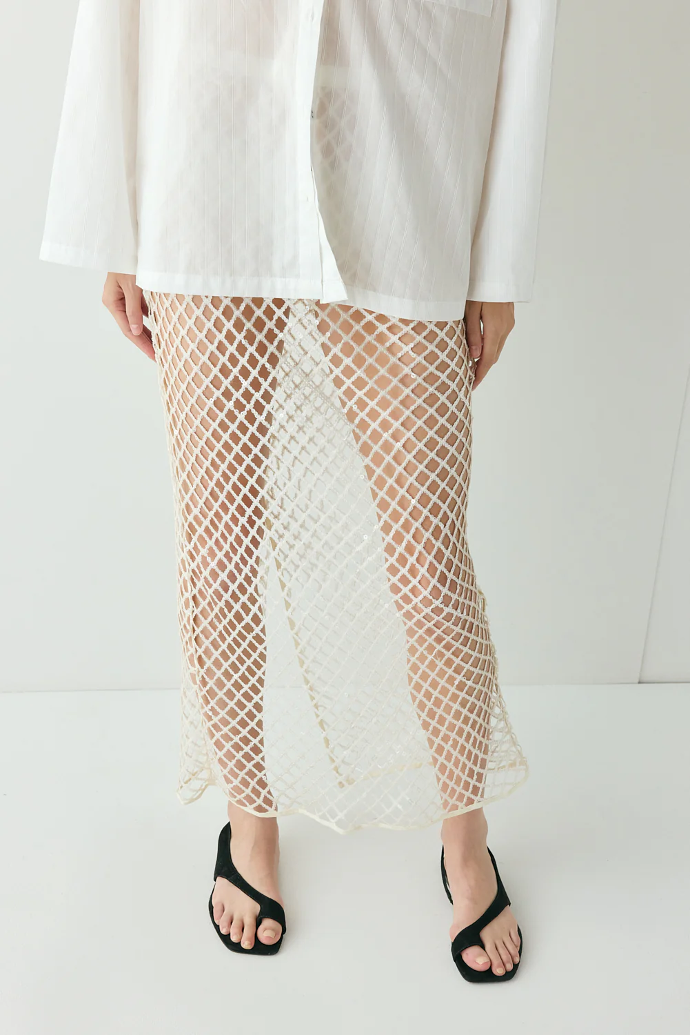 Devyn Sequin Net Midi Skirt Cream - Image 6
