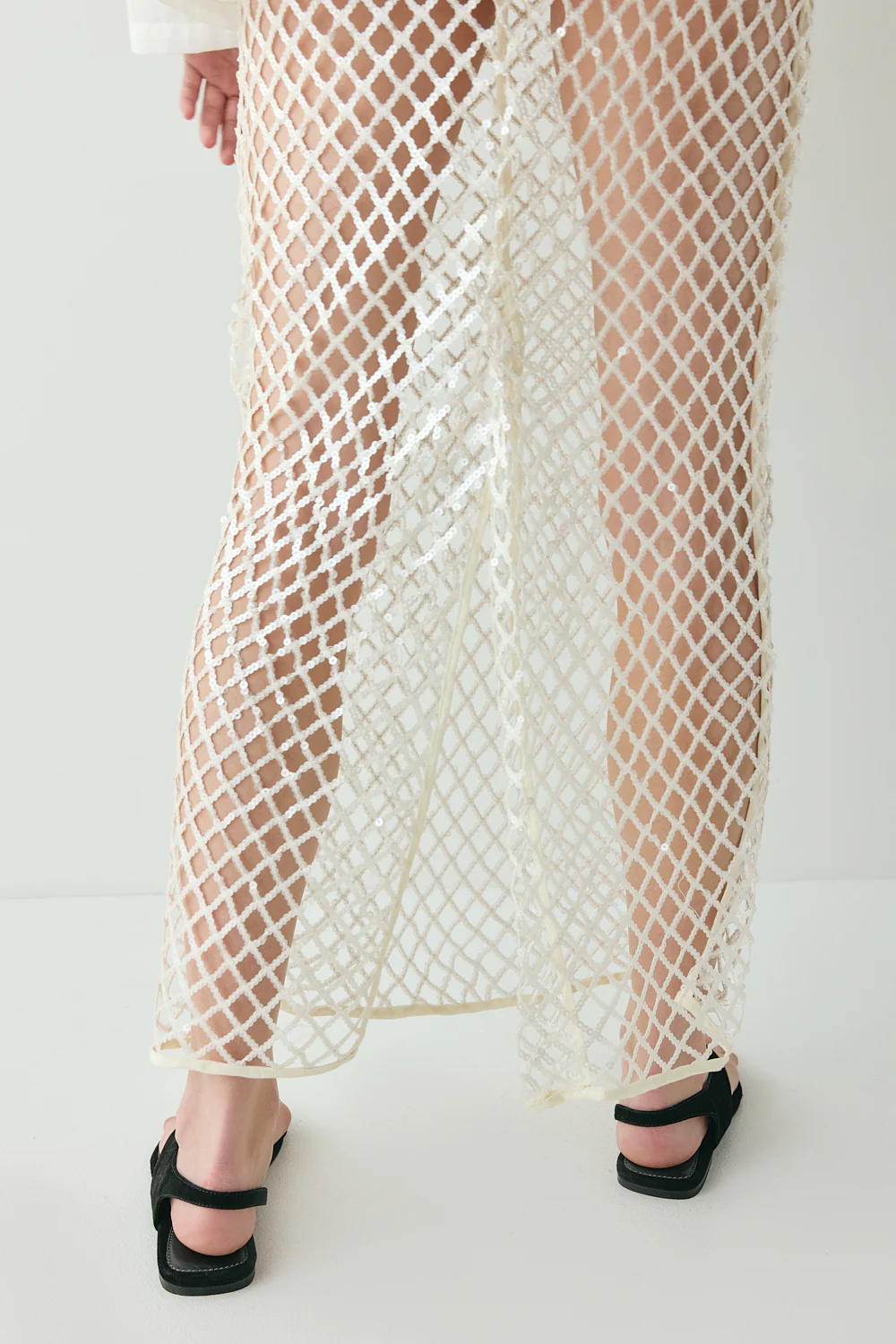 Devyn Sequin Net Midi Skirt Cream - Image 8