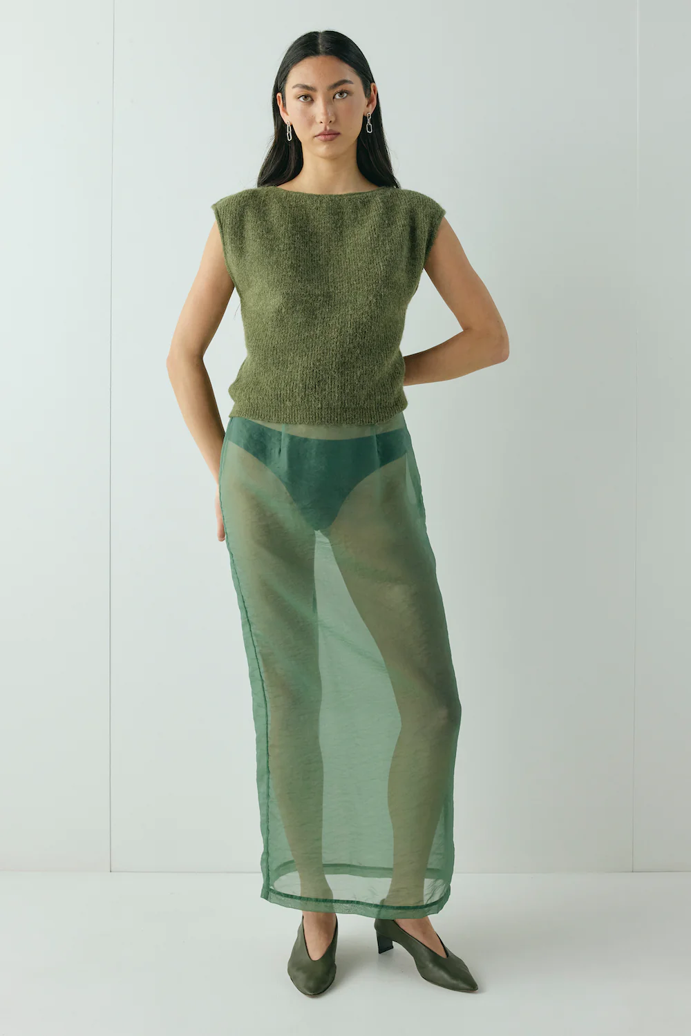 Devyn Sheer Midi Skirt Olive - Image 3