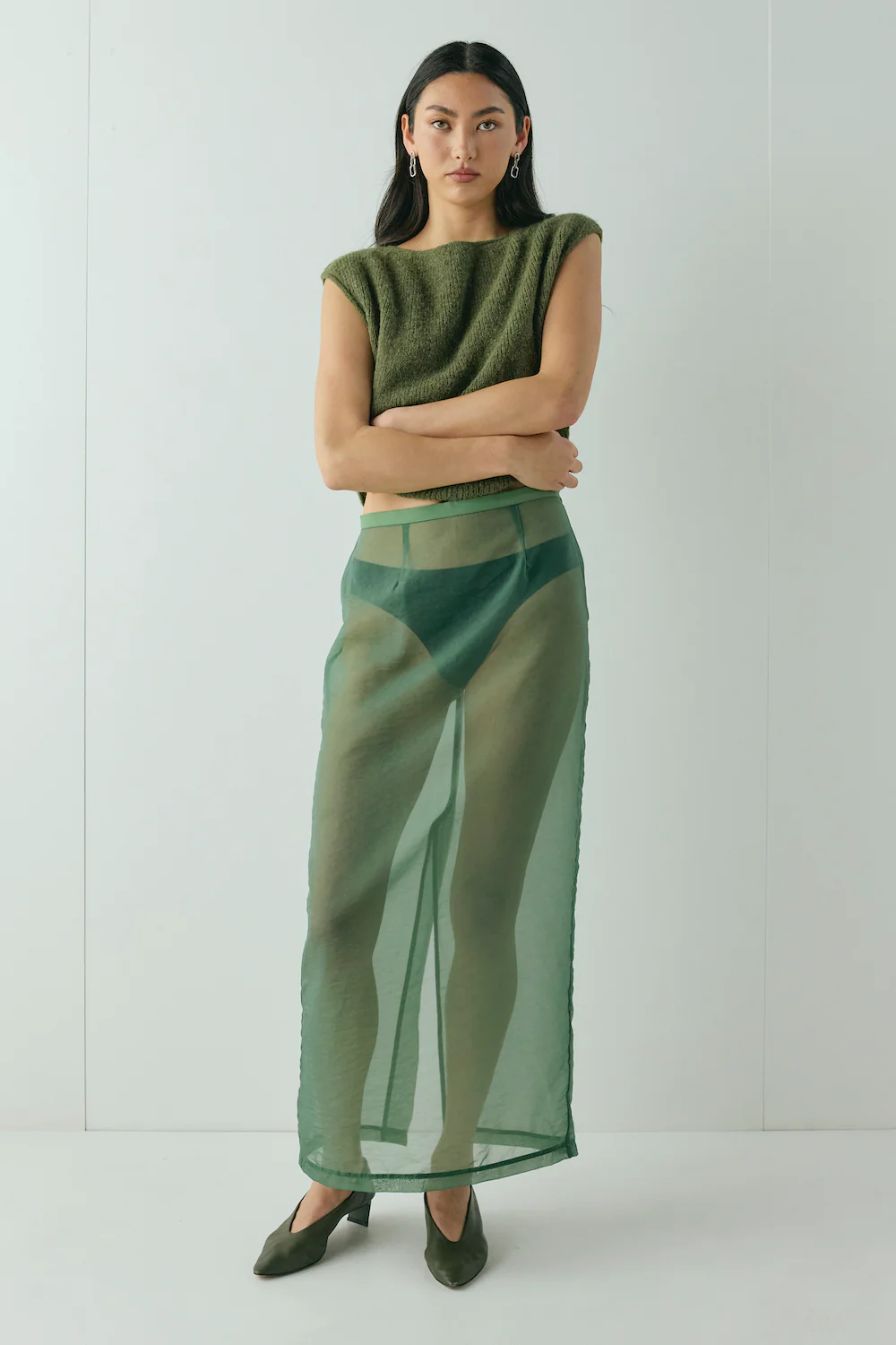 Devyn Sheer Midi Skirt Olive - Image 5