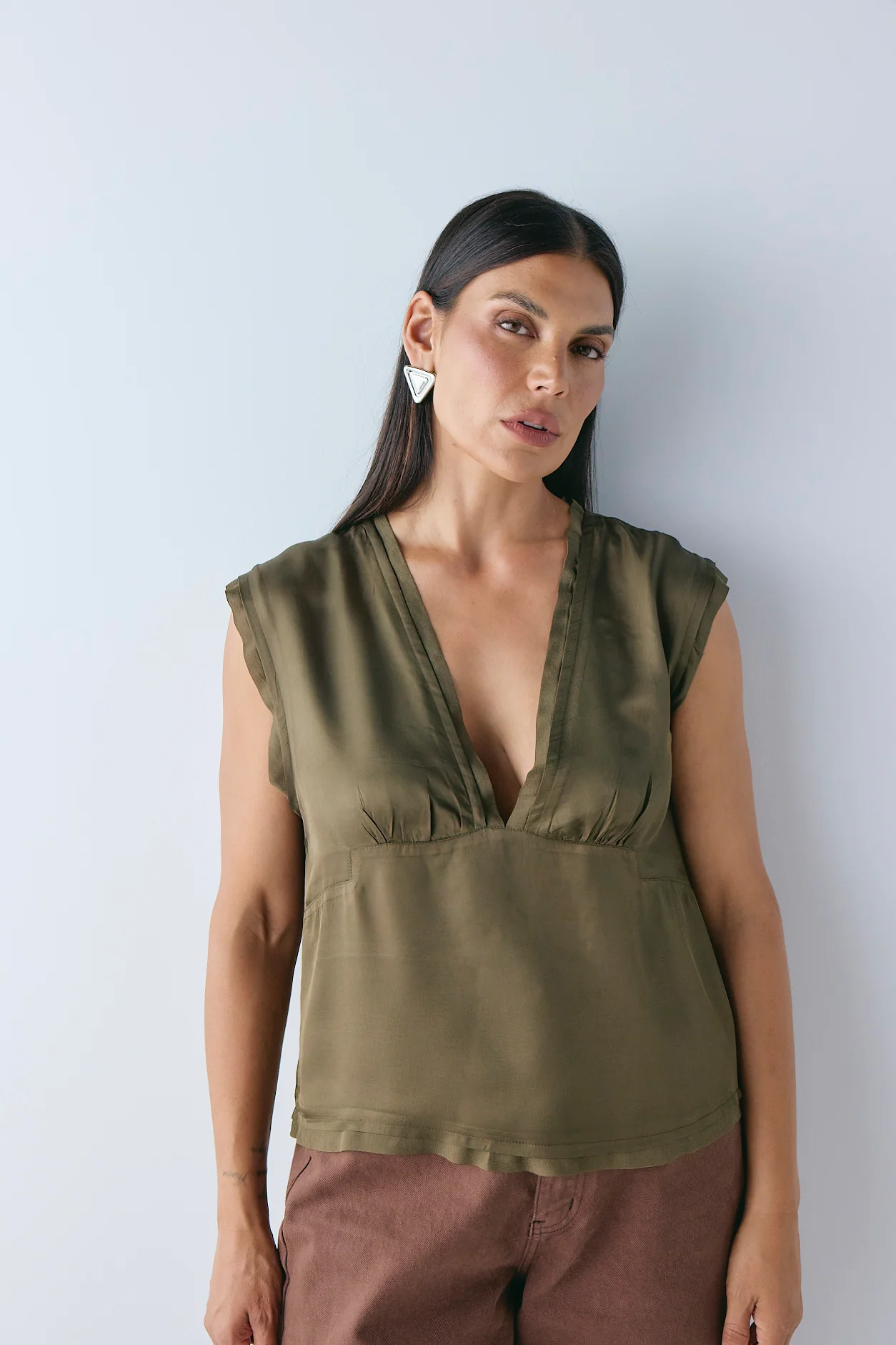 Flores Satin Top Khaki - Image 2
