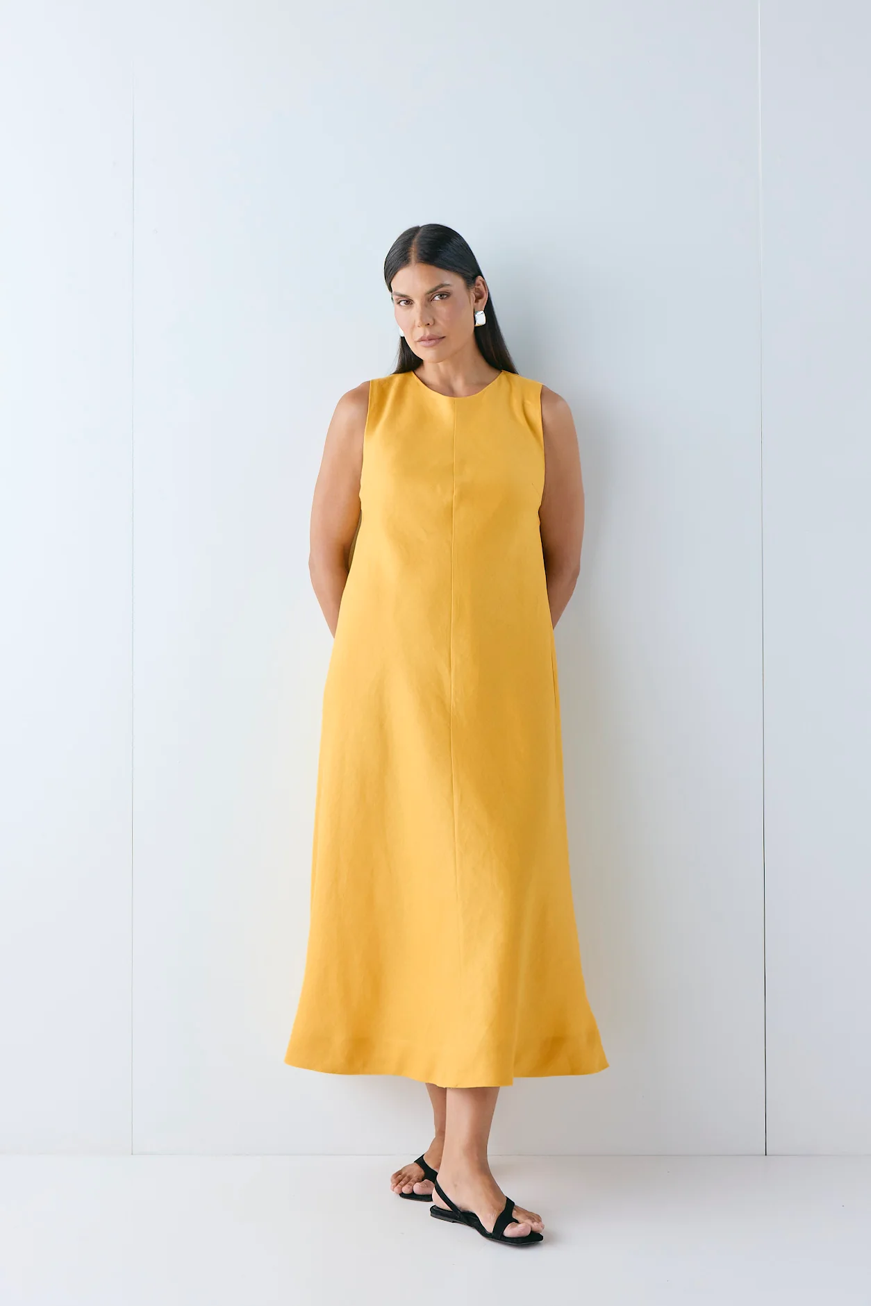 Marina Linen Midi Dress Mustard - Image 2