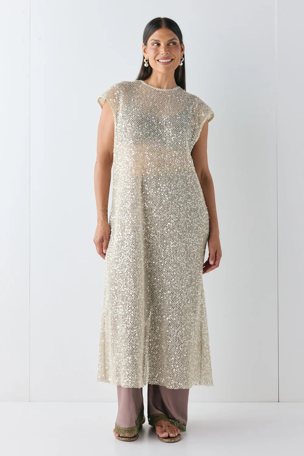 Sabre Sequin Midi Dress Oat - Image 4