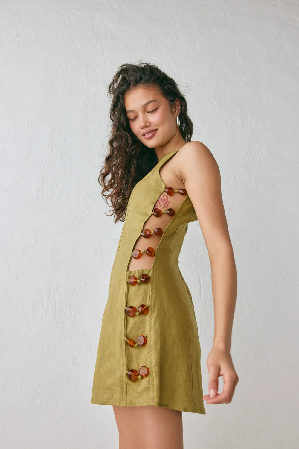 Tia Linen Mini Dress Olive - Image 6