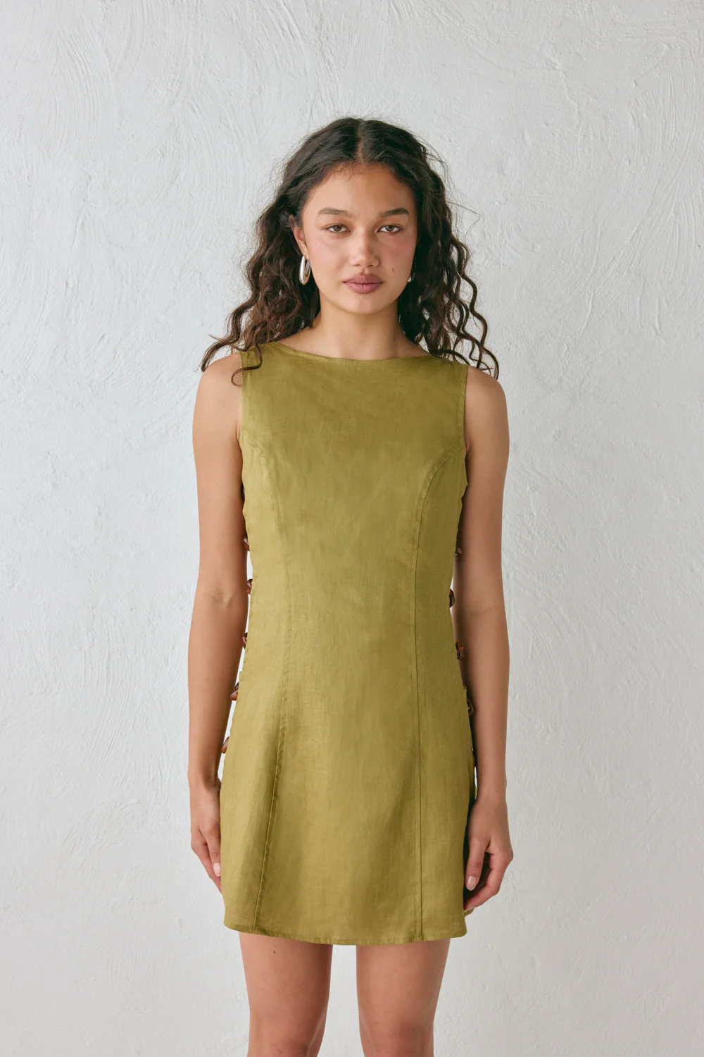 Tia Linen Mini Dress Olive - Image 7