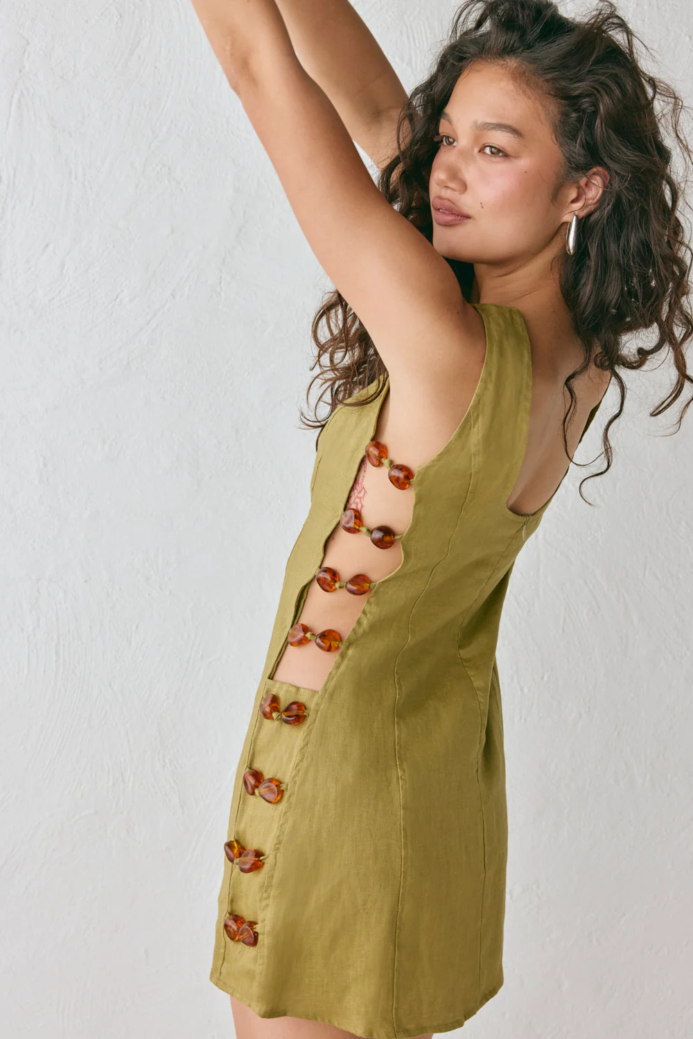 Tia Linen Mini Dress Olive - Image 9