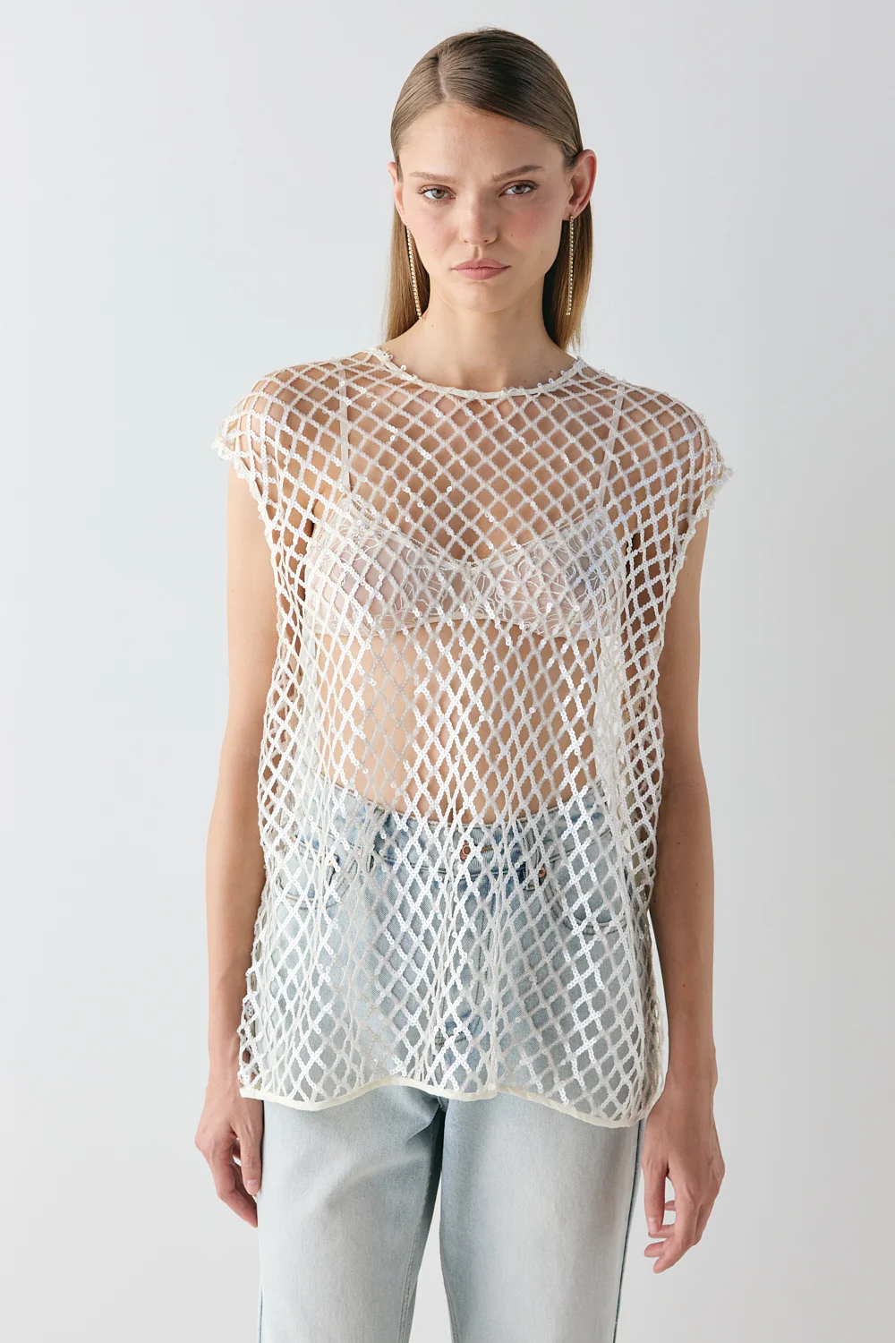 Velda Sequin Net Top Cream